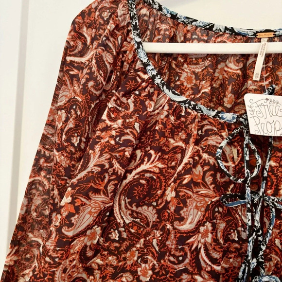 Free People NWT Boho Paisley Front Tie Oversized Blouse Top Size XS Burnt Orange - Picture 6 of 7